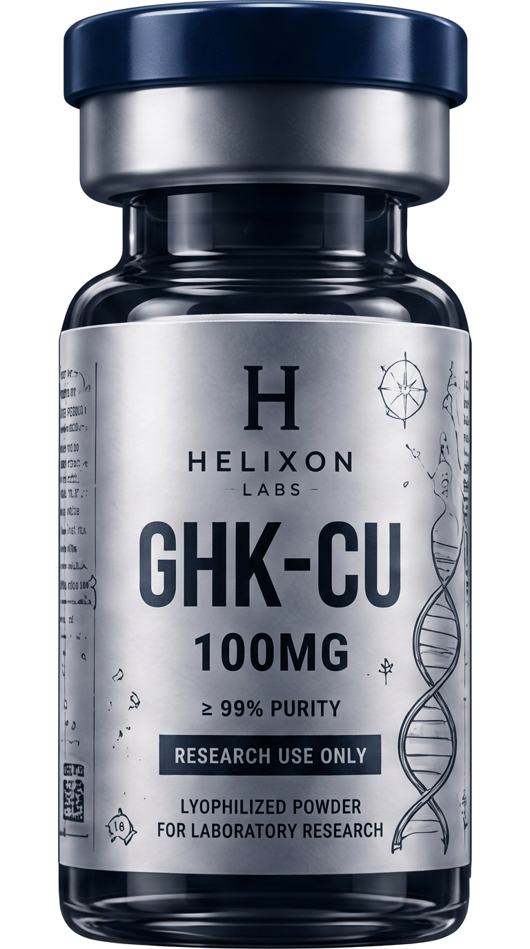 GHK-Cu research peptide vial with holographic Helixon Labs label