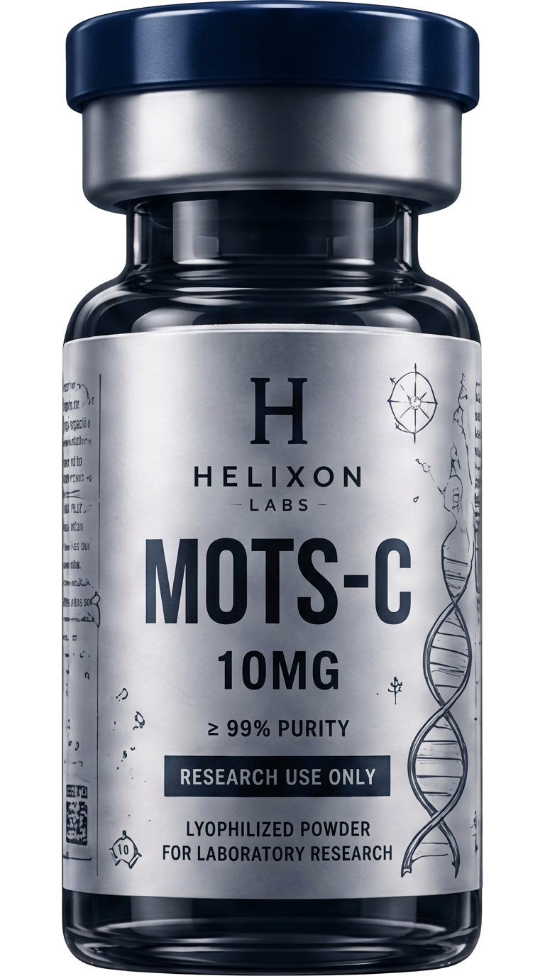 MOTS-C research peptide vial with holographic Helixon Labs label