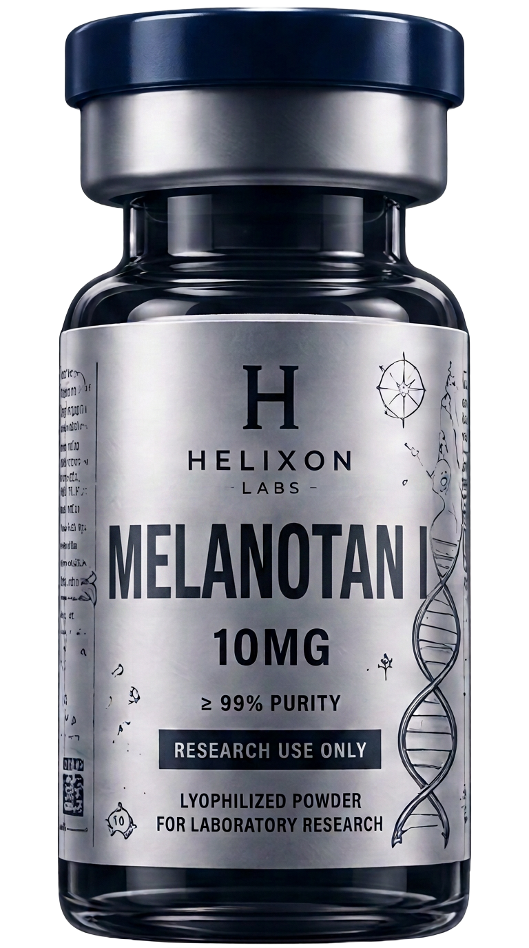 Melanotan I research peptide vial with holographic Helixon Labs label