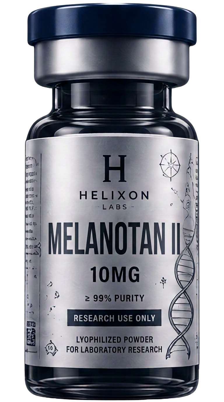 Melanotan II research peptide vial with holographic Helixon Labs label