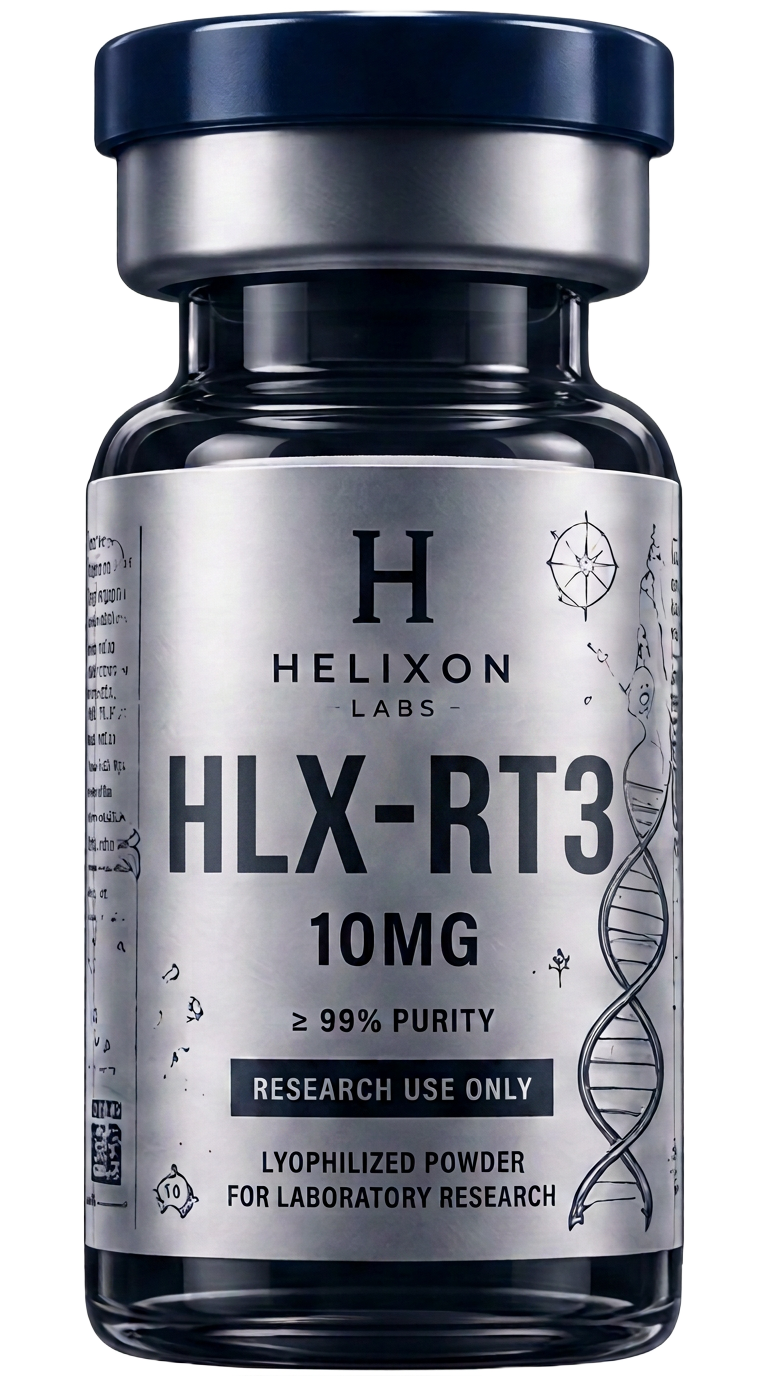 HLX-RT3 research peptide vial with holographic Helixon Labs label