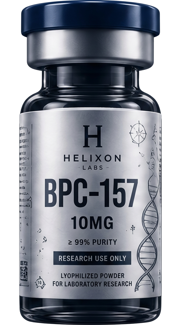 BPC-157 research peptide vial with holographic Helixon Labs label