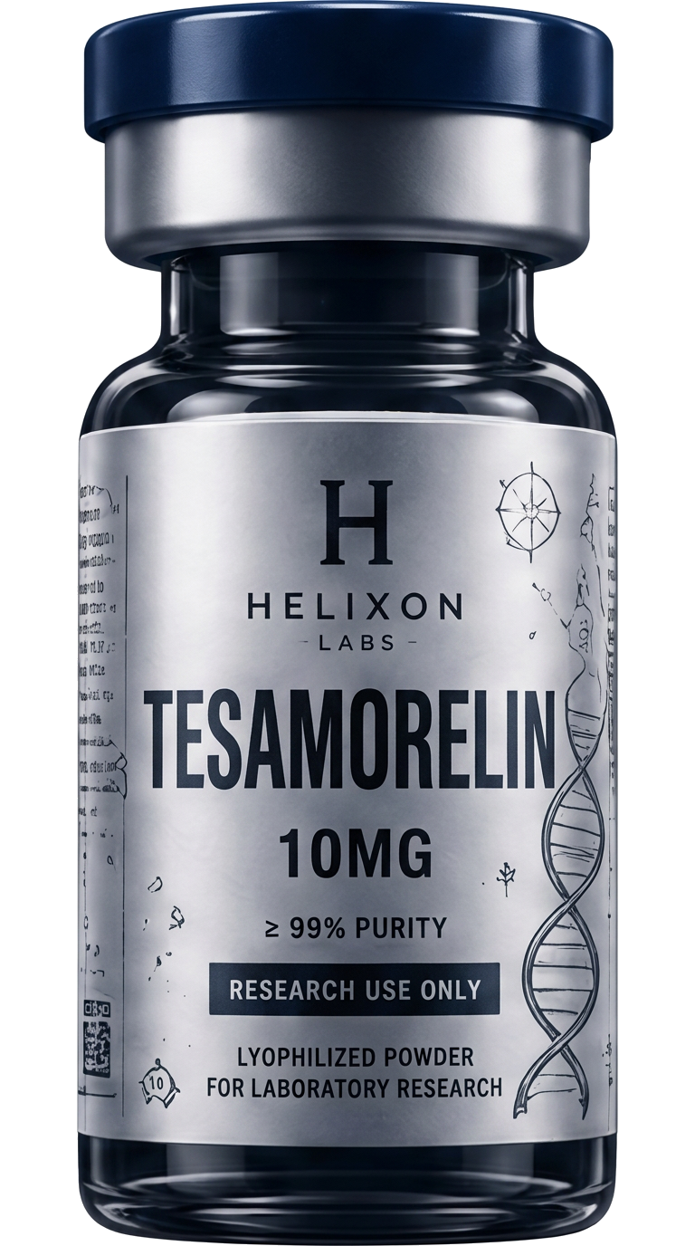 Tesamorelin research peptide vial with holographic Helixon Labs label