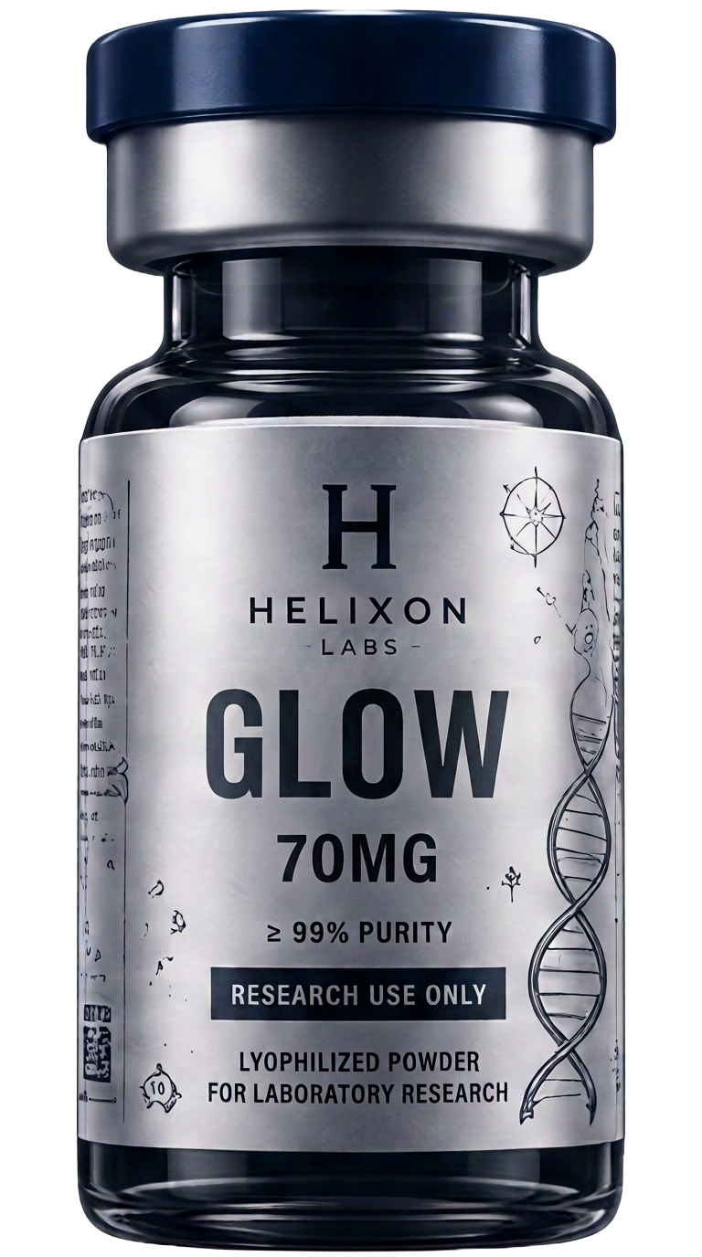 GLOW research peptide vial with holographic Helixon Labs label